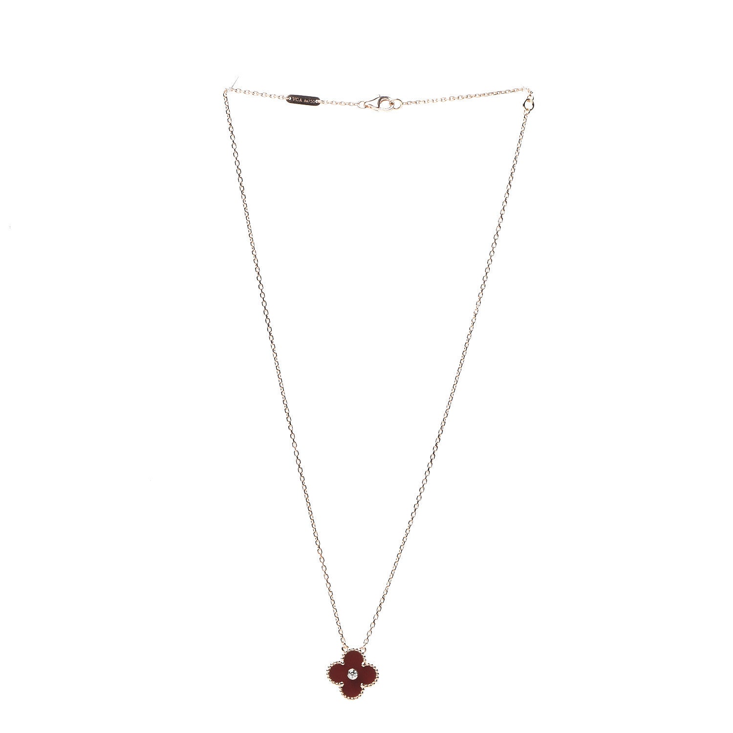Van Cleef & Arpels 18K Rose Gold Diamond Carnelian Vintage Alhambra Pendant Necklace 2 of 6