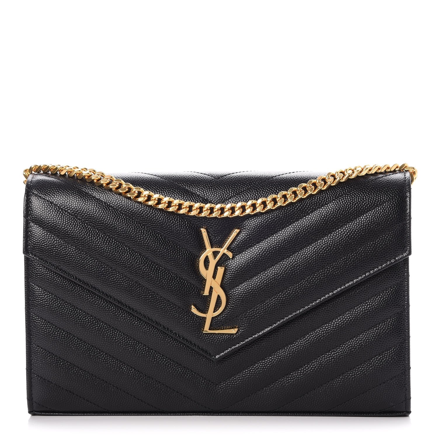 Saint Laurent Grain De Poudre Matelasse Chevron Monogram Chain Wallet Black 1 of 7