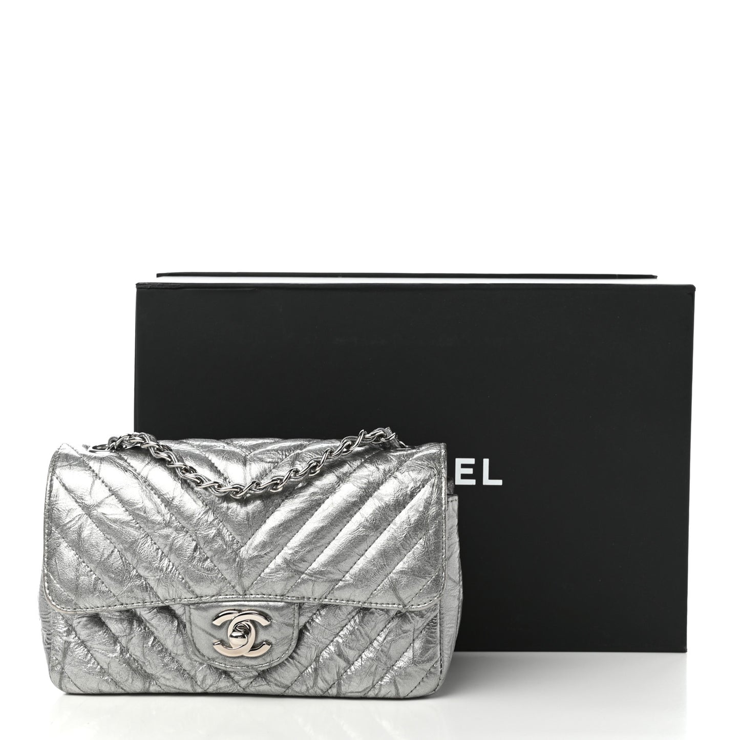 Patent Metallic Crumpled Calfskin Chevron Quilted Mini Rectangular Flap Silver
