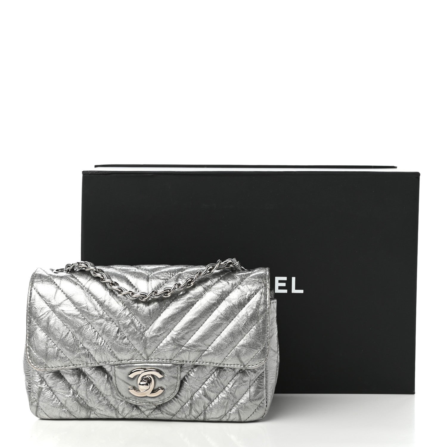 Chanel Patent Metallic Crumpled Calfskin Chevron Quilted Mini Rectangular Flap Silver 11 of 11