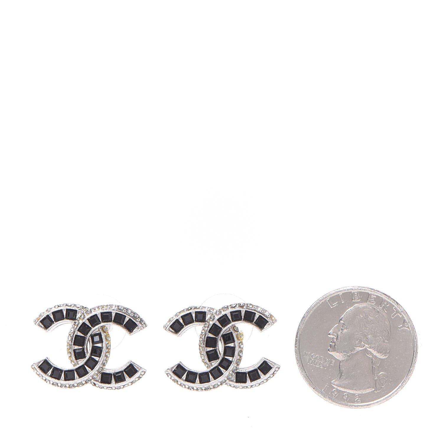 Chanel Baguette Crystal CC Earrings Silver Black 2 of 8