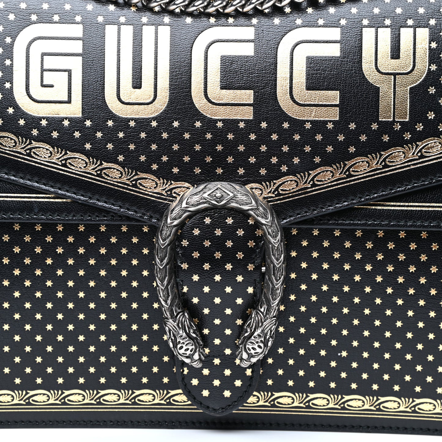 X SEGA Calfskin GUCCY Stars Medium Dionysus Shoulder Bag Black Gold