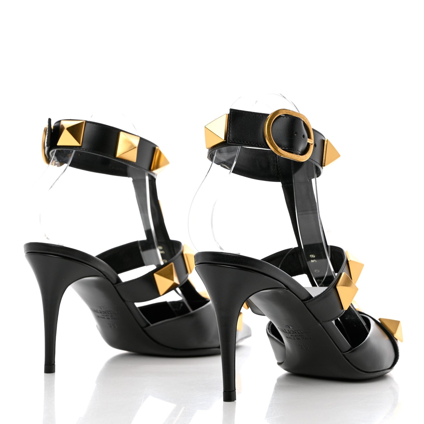 Calfskin Roman Stud Ankle Strap 80mm Pumps 38 Black