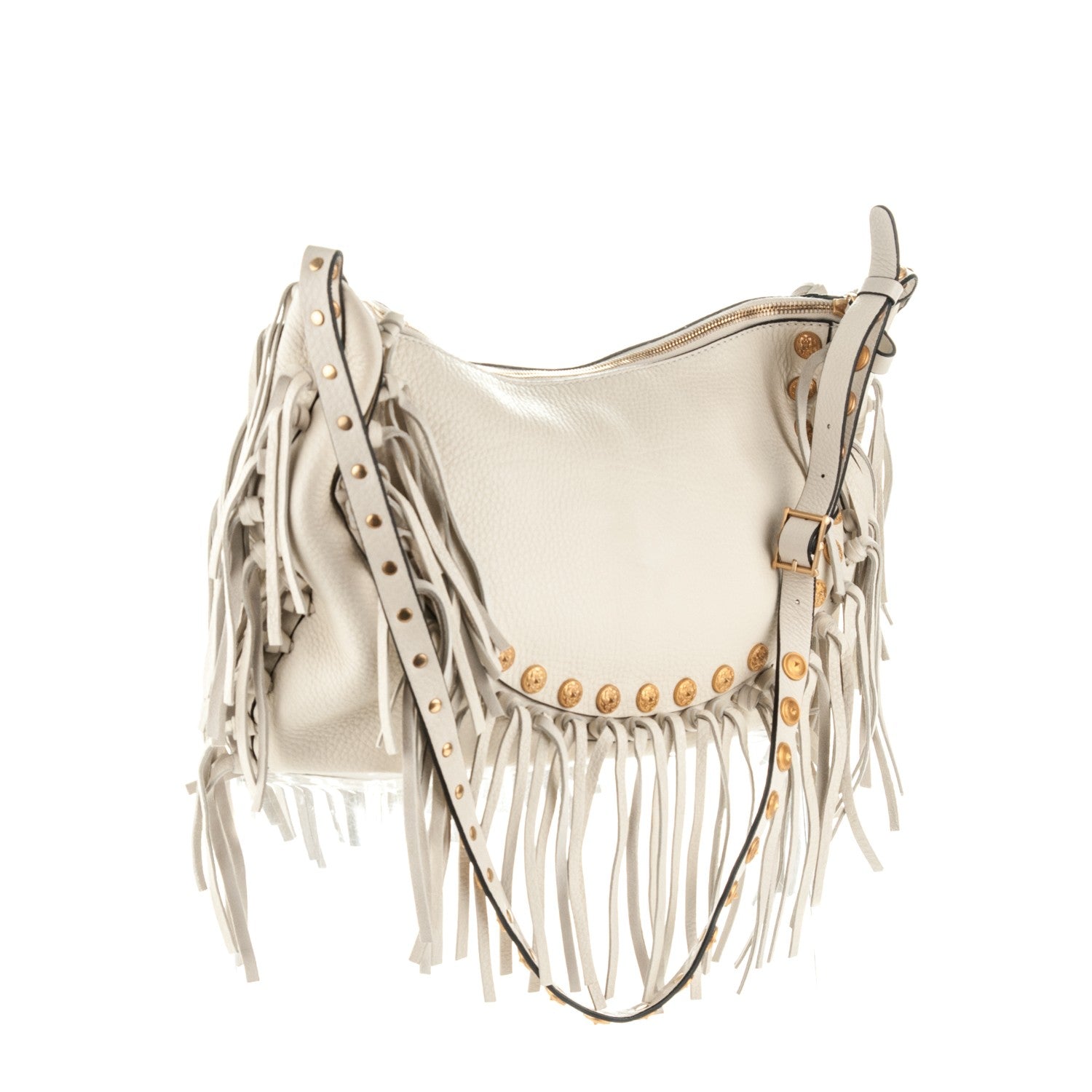 Valentino Garavani Grained Calfskin C-Rockee Fringe Hobo Light Ivory 3 of 7
