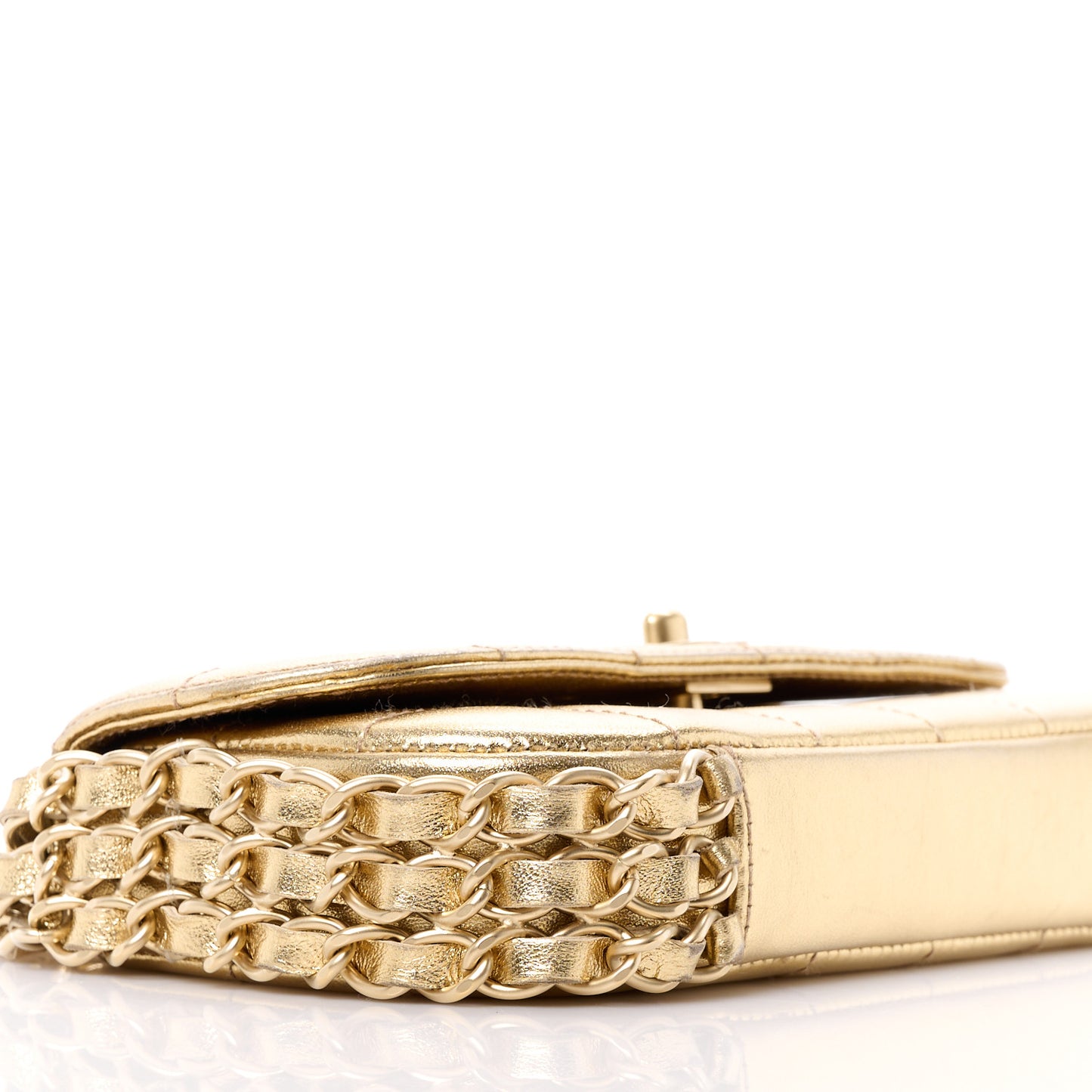Metallic Lambskin Quilted Chocolate Bar 3 Chain Flap Gold