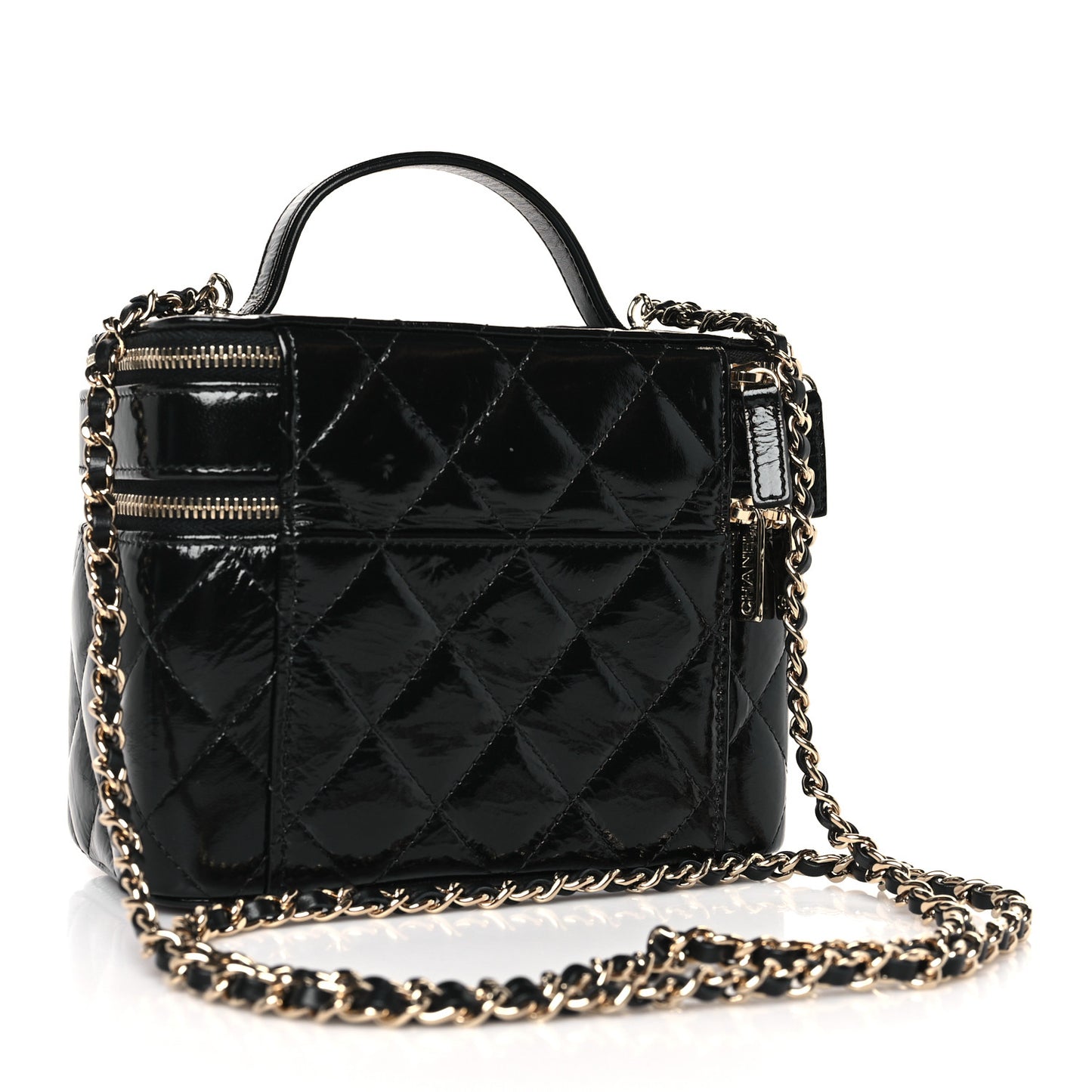Shiny Lambskin Quilted Top Handle Vanity Case With Chain Black
