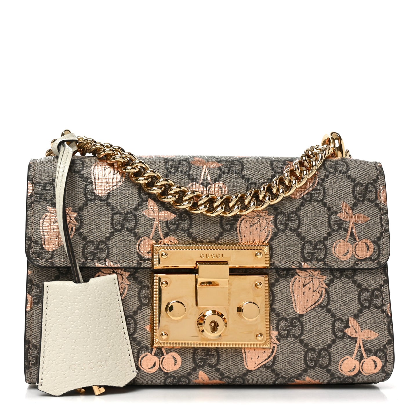GG Supreme Monogram Berry Textured Dollar Calfskin Small Padlock Shoulder Bag Beige Ebony Light Copper Mystic White