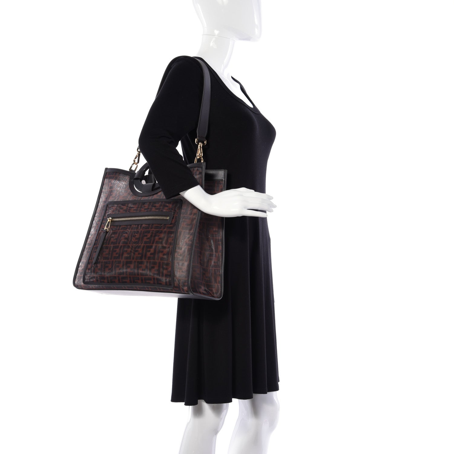 Fendi Mesh Vitello Century Cuoio FF 1974 Medium Runaway Shopper Tote Marrone Black Ebano 2 of 10