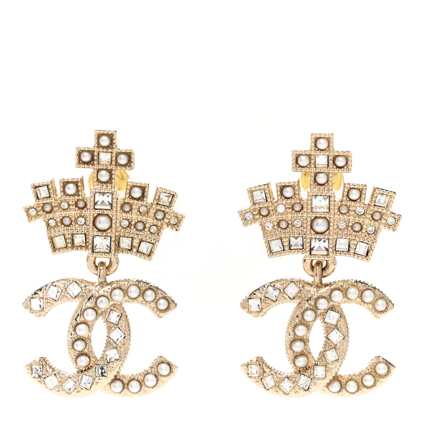 Crystal CC Crown Drop Earrings Gold