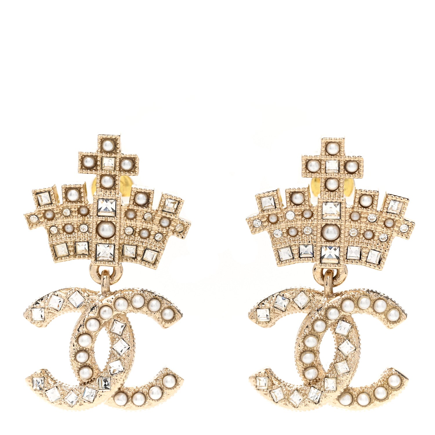 Chanel Crystal CC Crown Drop Earrings Gold 1 of 4