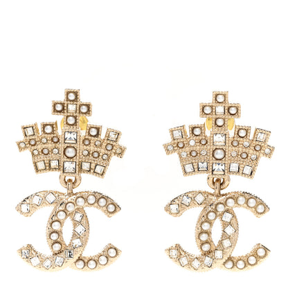 Chanel Crystal CC Crown Drop Earrings Gold 1 of 4