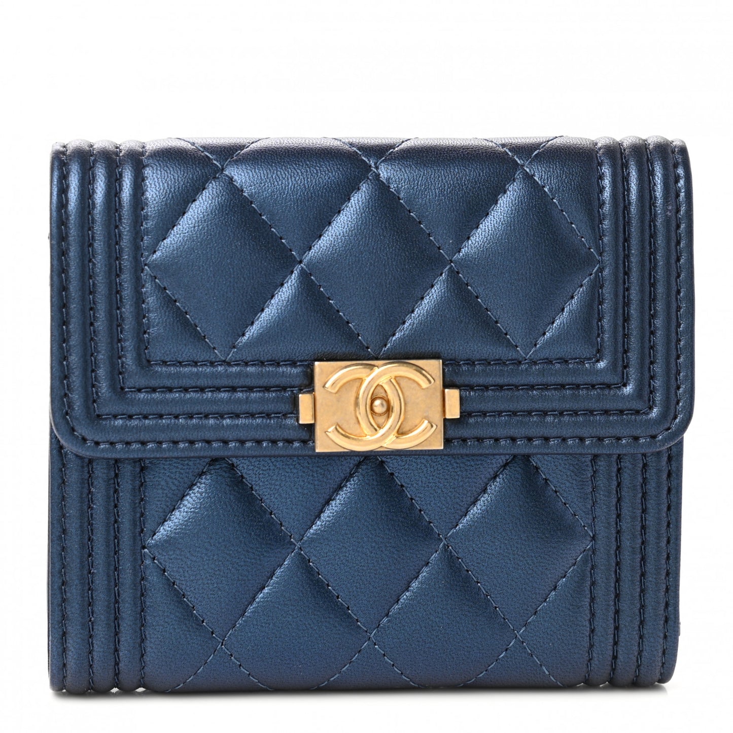 Metallic Lambskin Quilted Compact Boy Wallet Blue