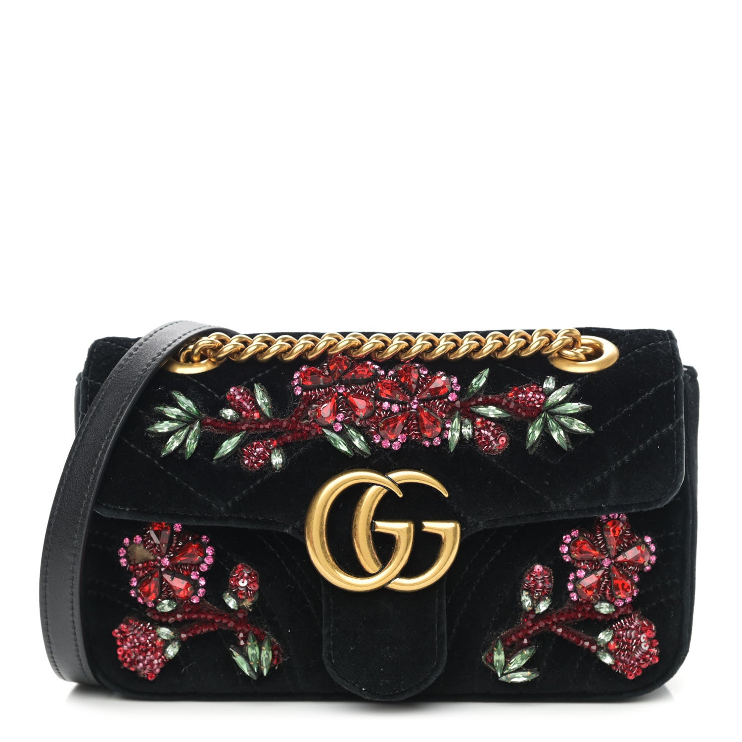 Gucci Velvet Matelasse Embroidered Mini GG Marmont Shoulder Bag Black 1 of 10