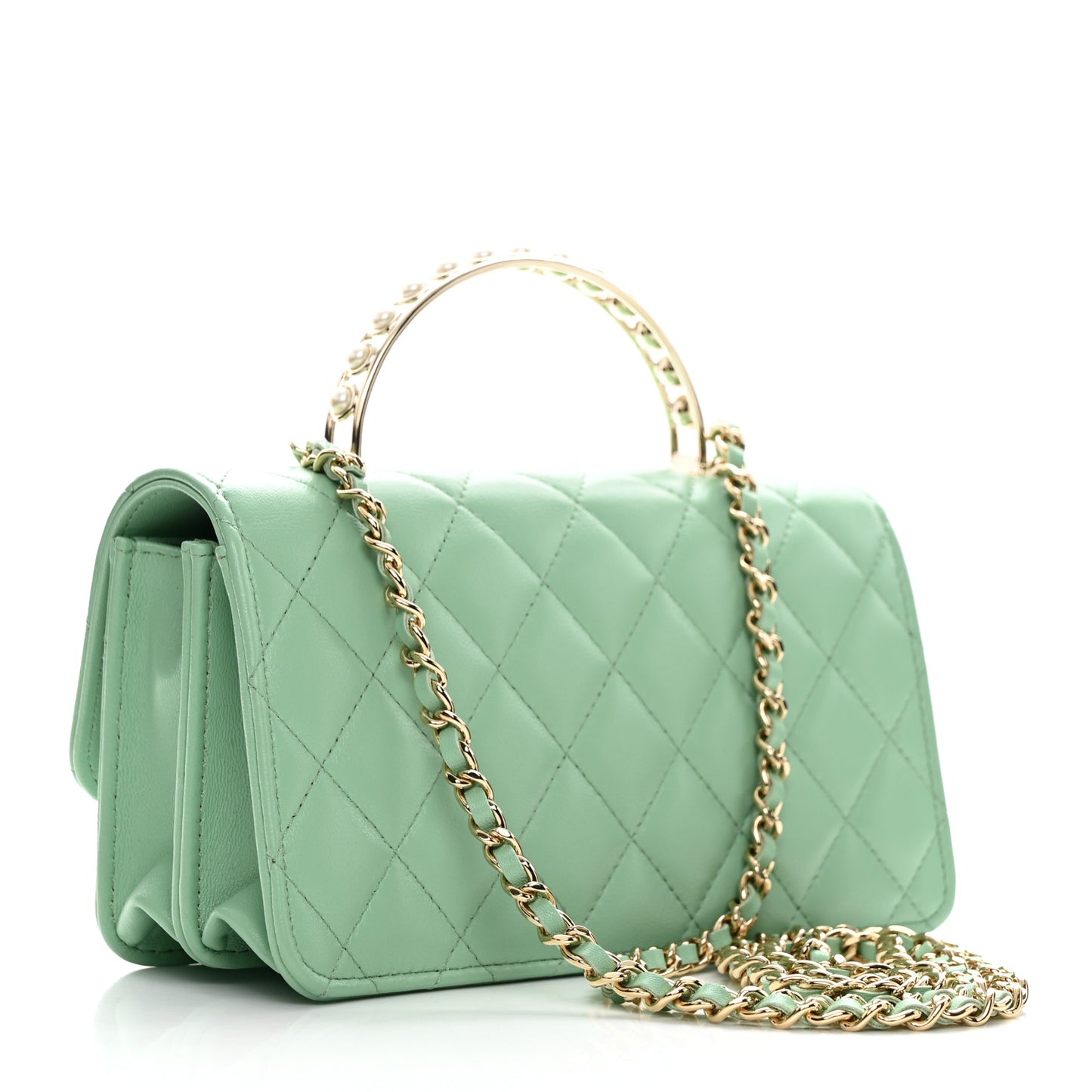 Lambskin Quilted Pearl Top Handle Clutch With Chain Light Green