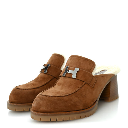 Hermes Suede Goatskin Woolskin Flore 60 Mules 39 Brun Amourette Ecru 4 of 9