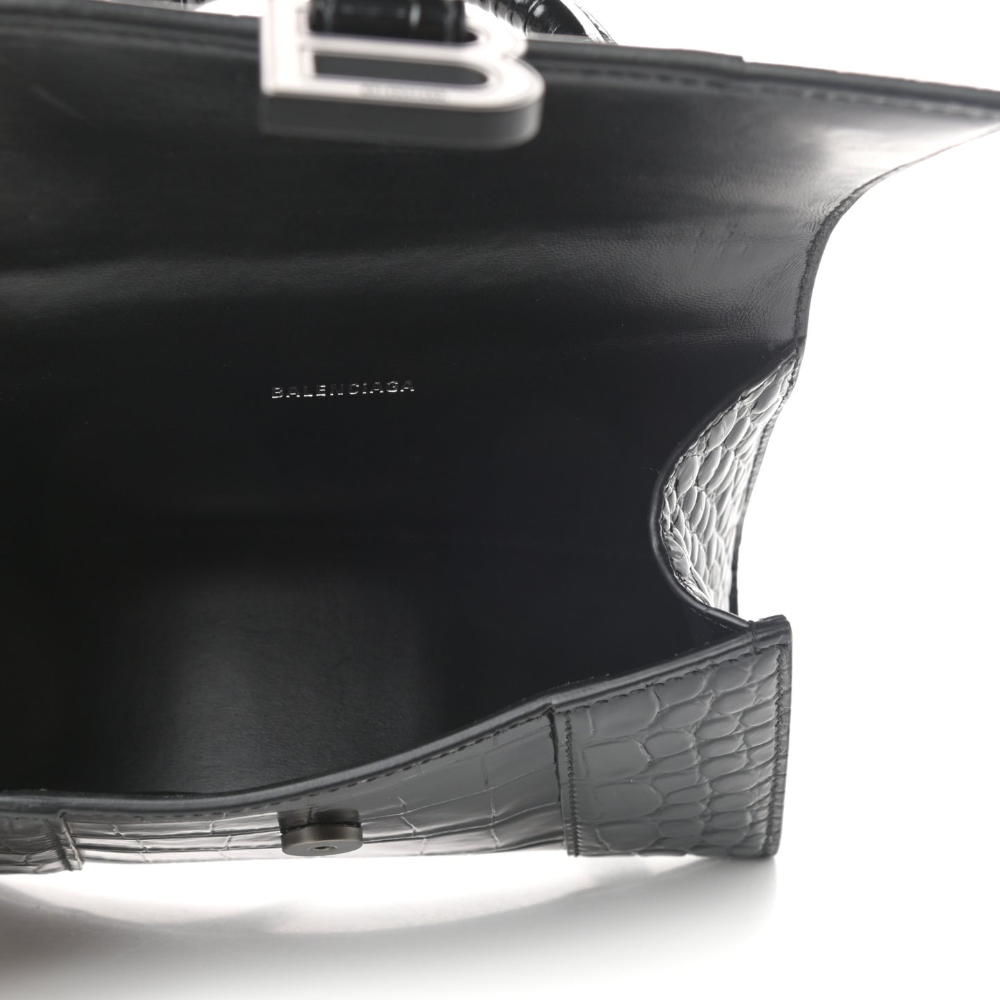 Shiny Calfskin Monochrome Crocodile Embossed Hourglass Top Handle Bag XS Black