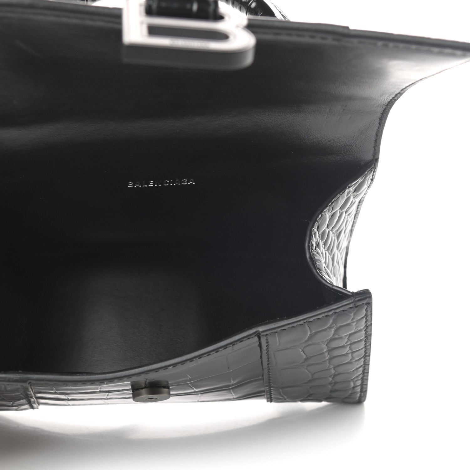Balenciaga Shiny Calfskin Monochrome Crocodile Embossed Hourglass Top Handle Bag XS Black 5 of 8