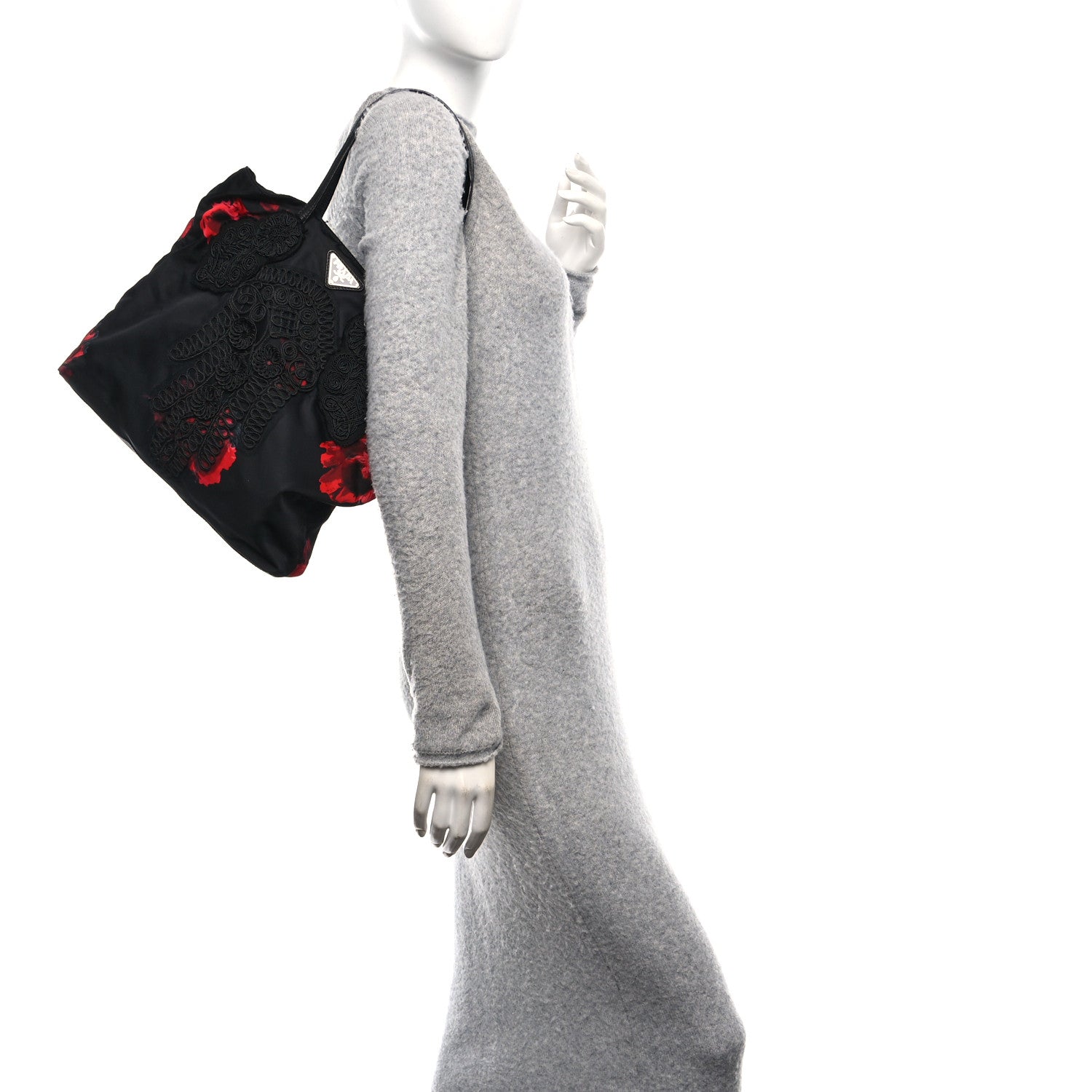 Prada Tessuto Nylon Passama Embroidered Rose Print Tote Black 2 of 10