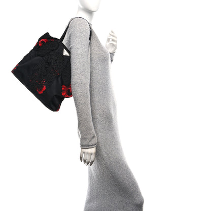 Prada Tessuto Nylon Passama Embroidered Rose Print Tote Black 2 of 10