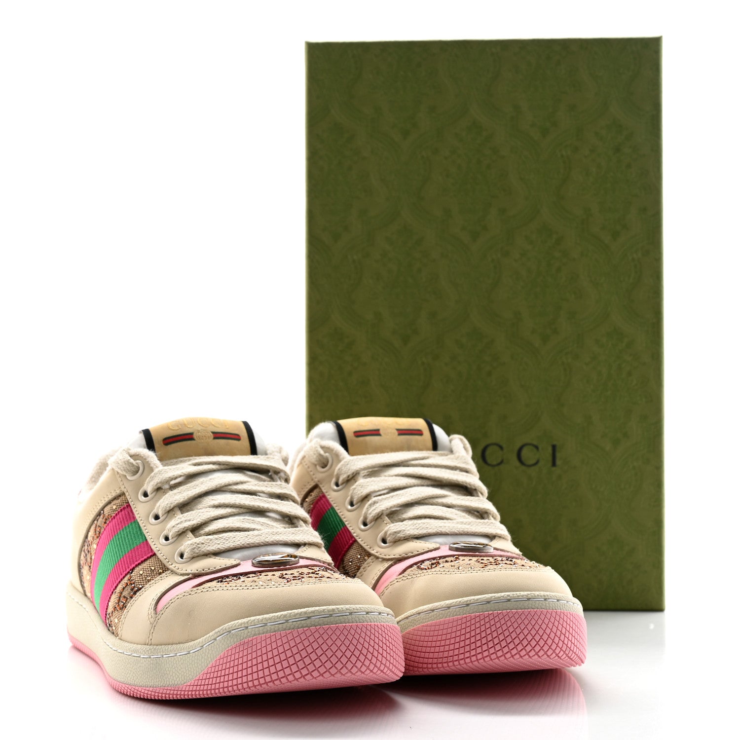 Gucci New GG Monogram Nubuck Web Crystal Embellished Womens Screener Sneakers 37 Camel Ebony Wild Rose 13 of 13