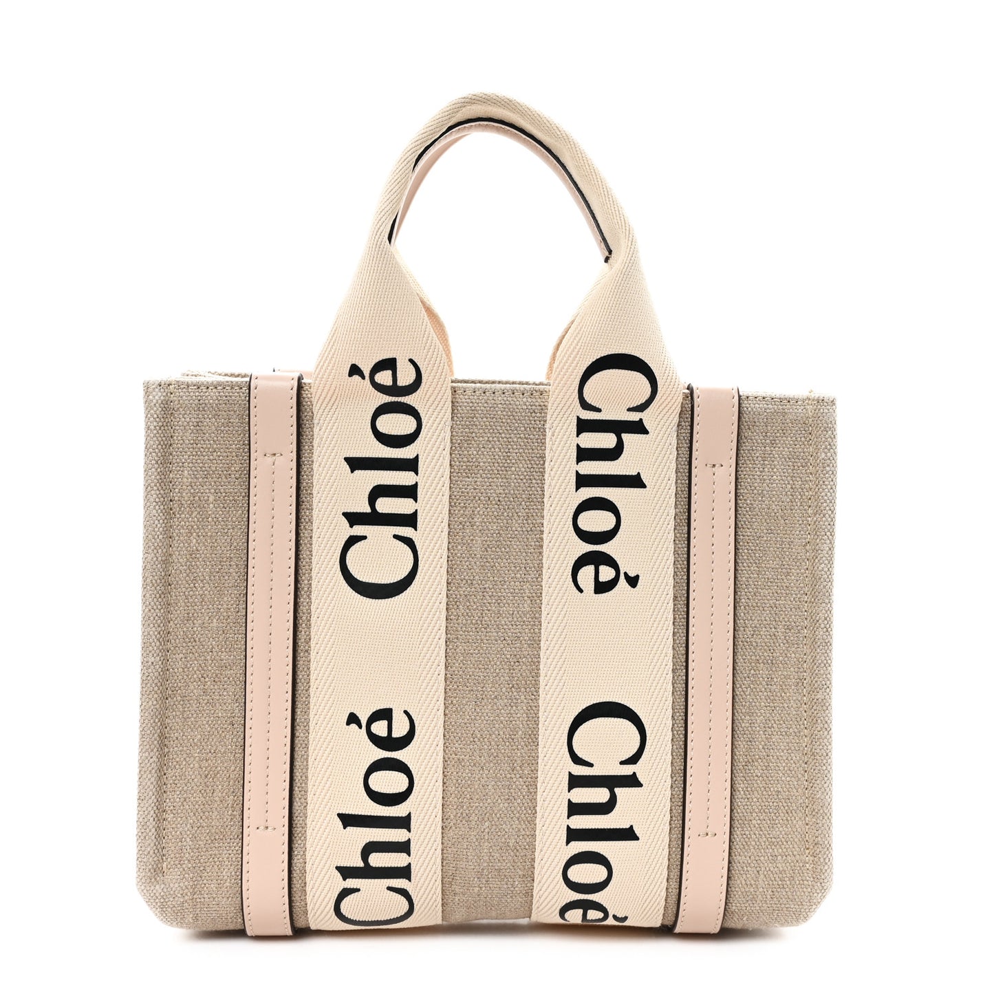 Linen Calfskin Small Woody Ribbon Tote With Strap White Pink White Pink