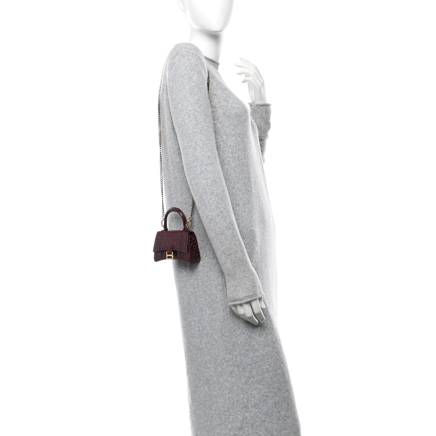 Balenciaga Shiny Calfskin Crocodile Embossed Hourglass Top Handle Bag Mini with Chain Dark Red 2 of 12