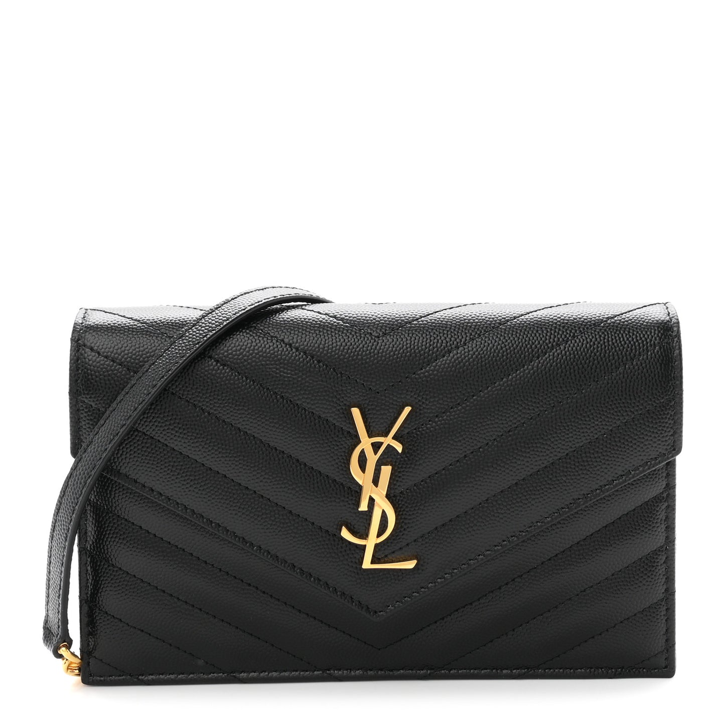 Grain De Poudre Matelasse Chevron Monogram Envelope Chain Wallet Black
