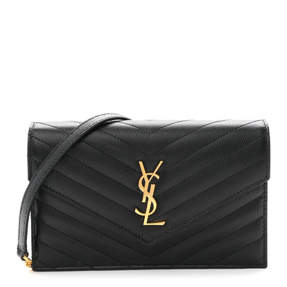 Saint Laurent Grain De Poudre Matelasse Chevron Monogram Envelope Chain Wallet Black 1 of 10
