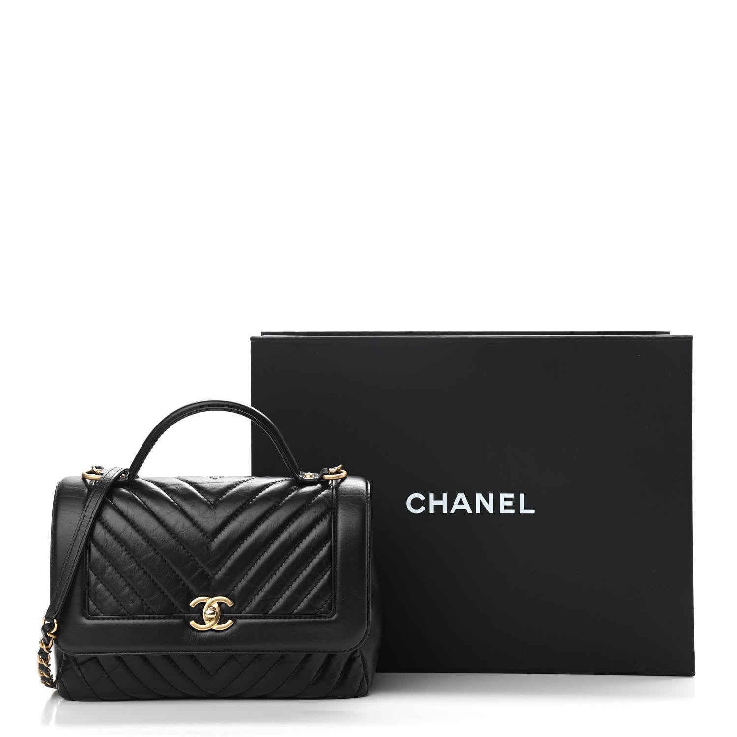 Chanel Calfskin Chevron Quilted Top Handle Flap Black 12 of 12
