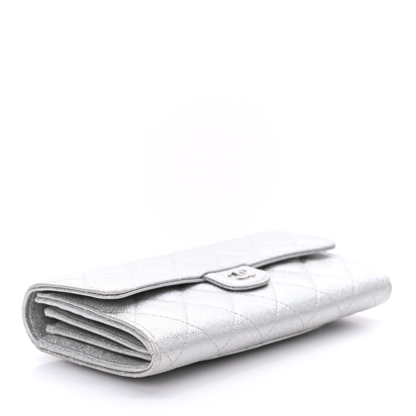 Glittered Metallic Caviar Quilted Large Flap Wallet Silver