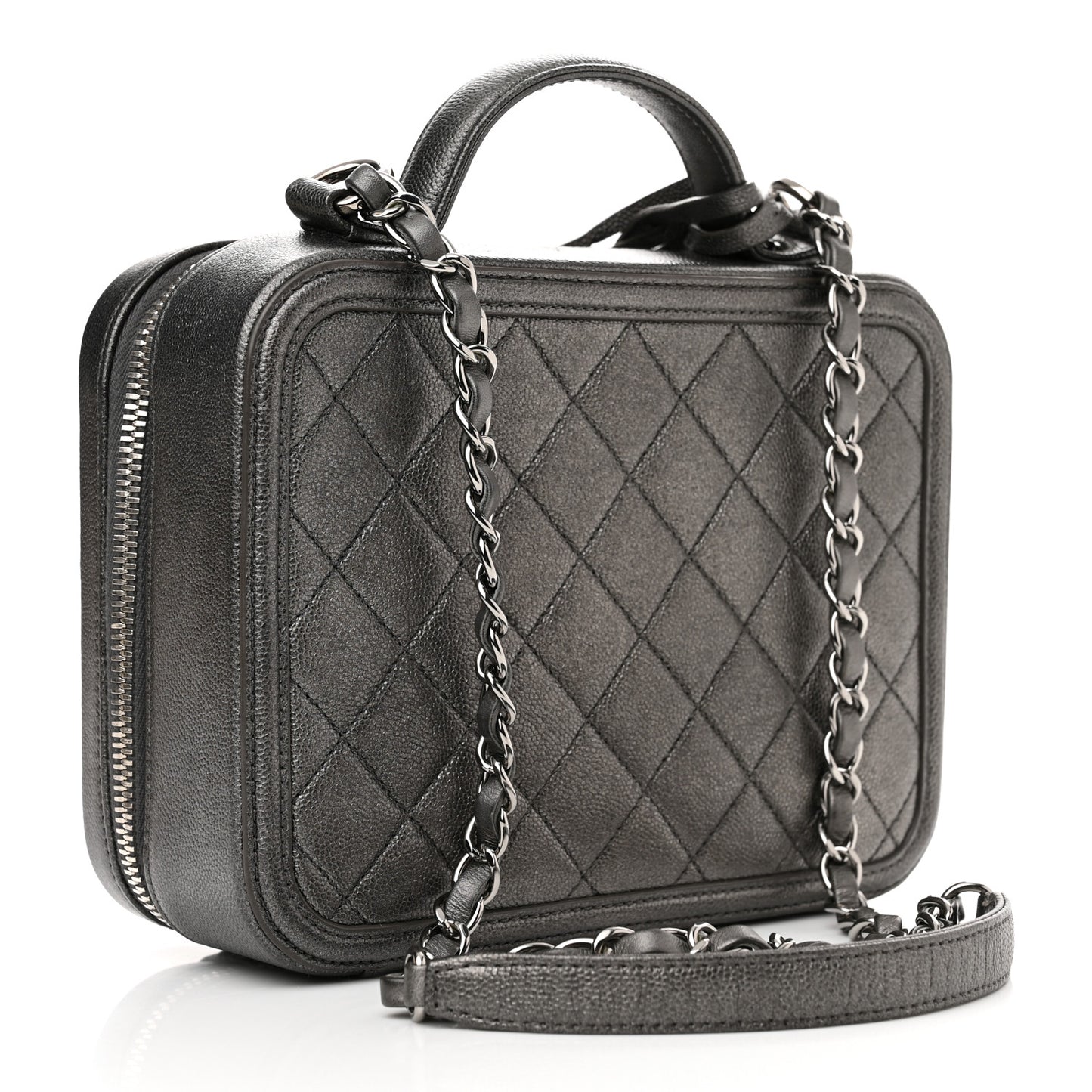 Metallic Caviar Quilted Medium CC Filigree Vanity Case Dark Silver
