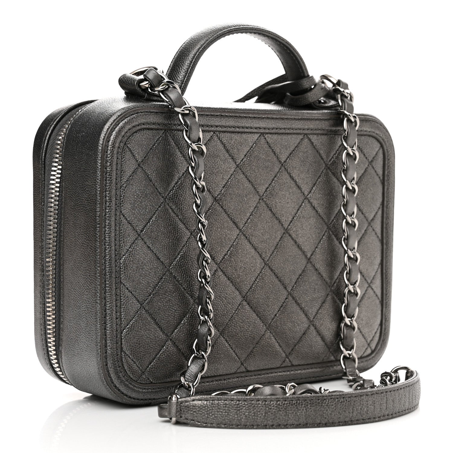 Chanel Metallic Caviar Quilted Medium CC Filigree Vanity Case Dark Silver 3 of 12