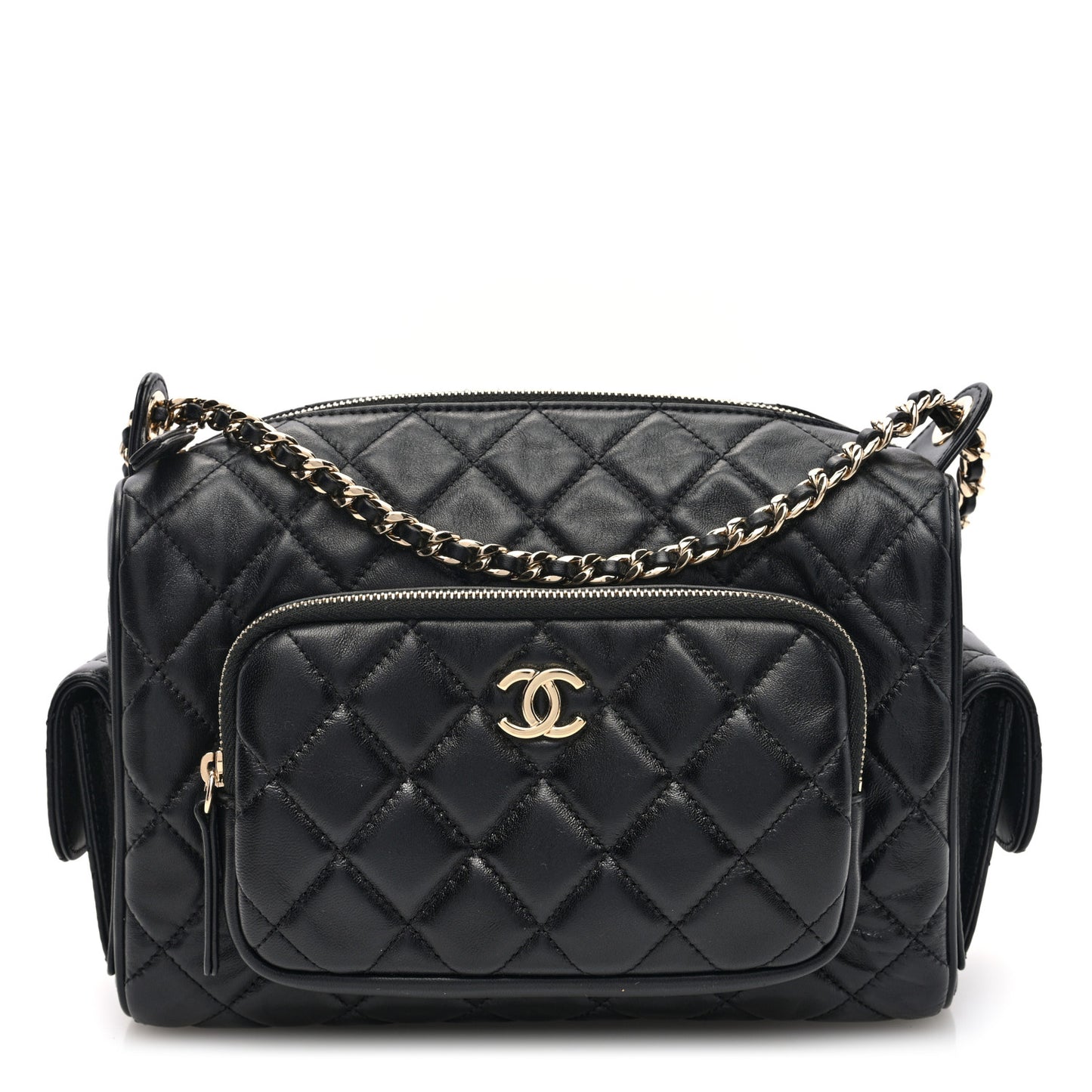 Shiny Crumpled Lambskin Quilted Medium Preppy Pocket Camera Case Black