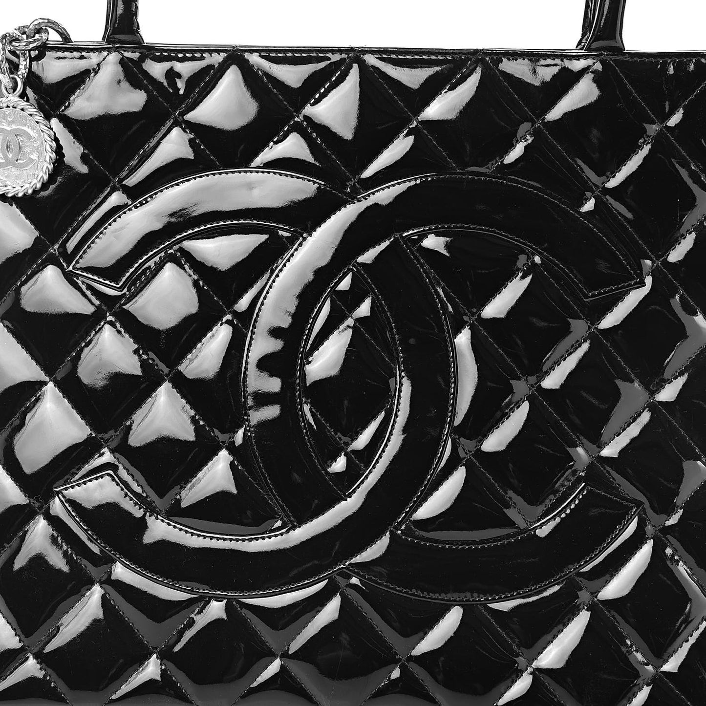 Patent Quilted Medallion Tote Black