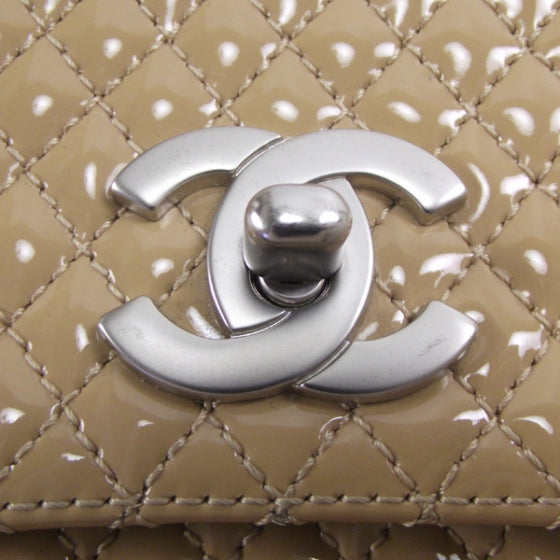 Patent Quilted Flap Chain Bag Beige