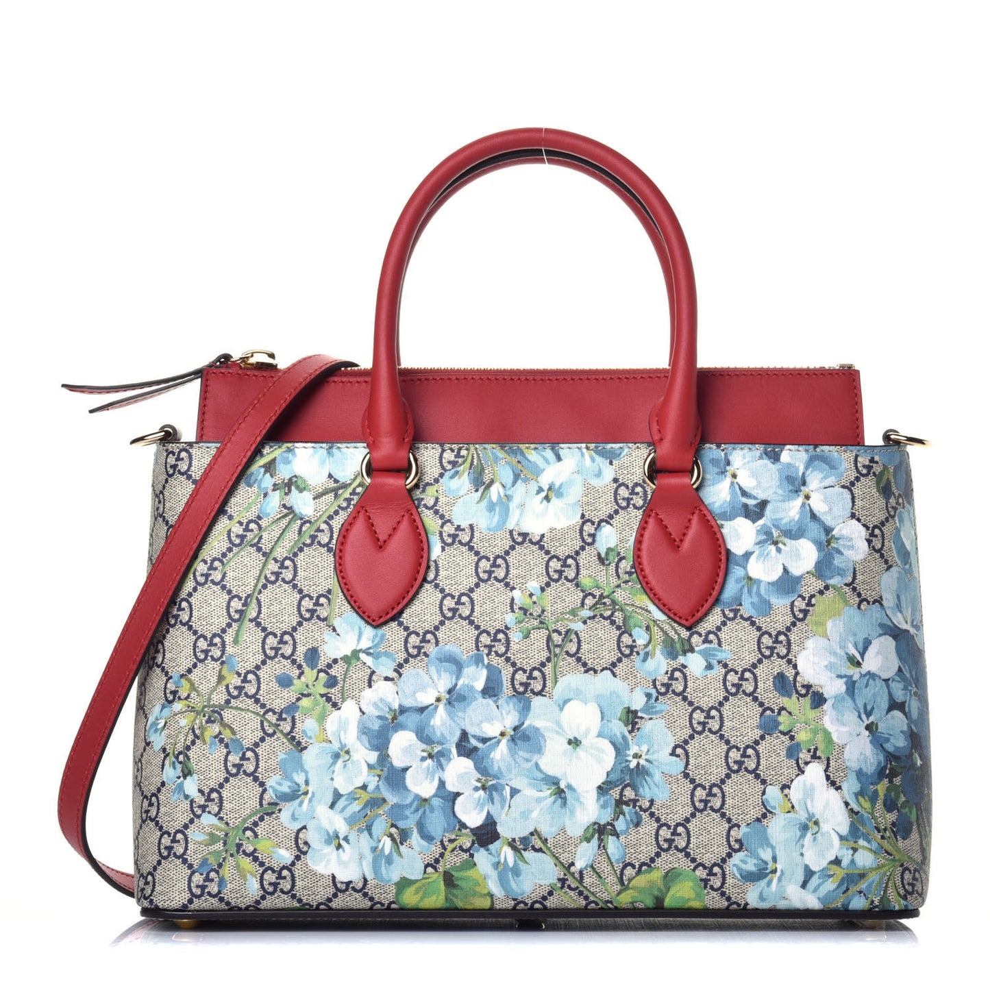 GG Supreme Monogram Blooms Medium Zip Top Tote Beige Blue Navy Hibiscus Red