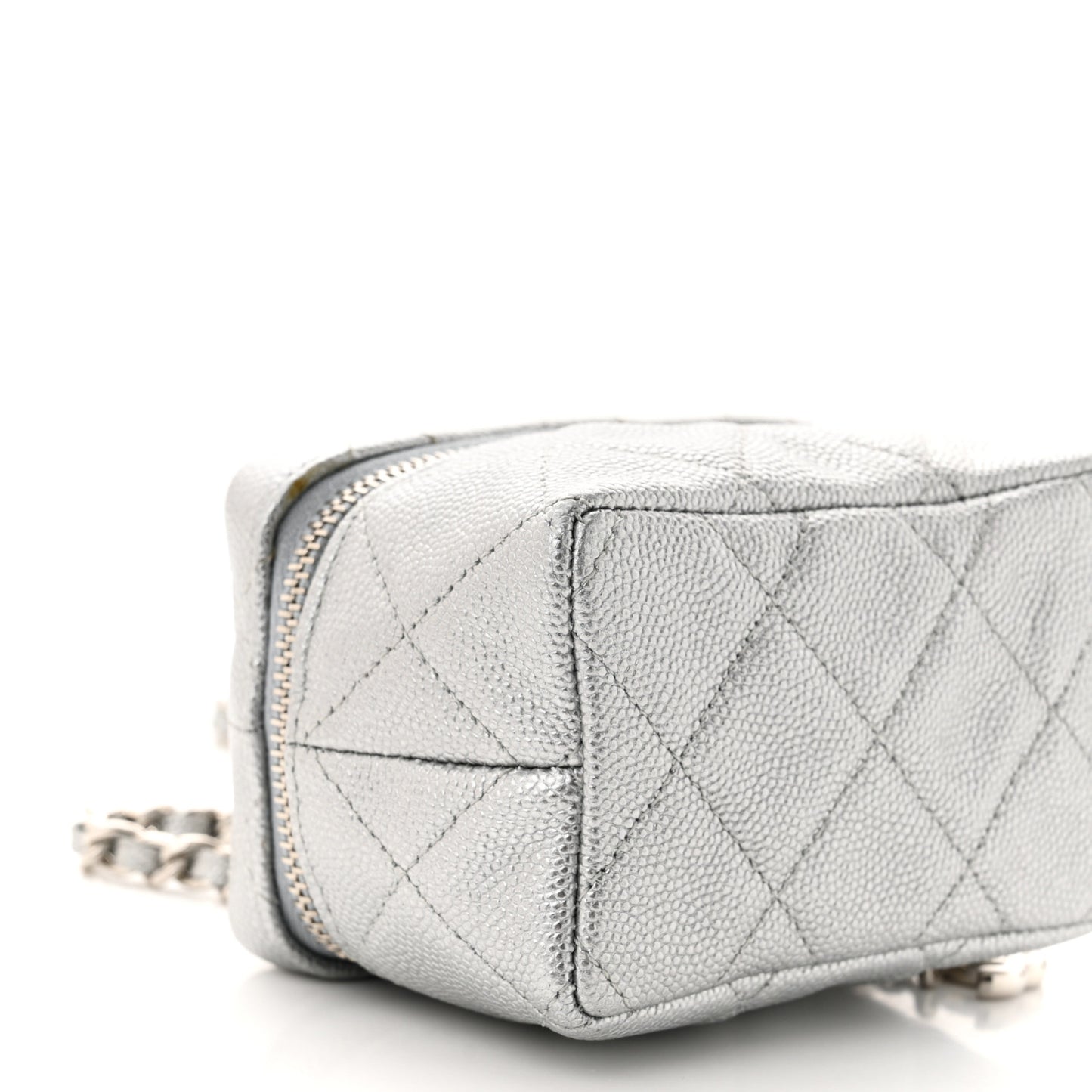 Metallic Caviar Quilted Mini Top Handle Vanity With Chain Silver