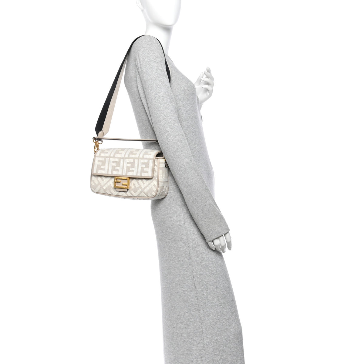 Canvas Vitello King FF Embroidered Baguette Grezzo White Nuvola