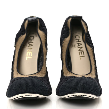 Chanel Knit Lace Grosgrain Cap Toe CC Pumps 37.5 Black Beige 2 of 8