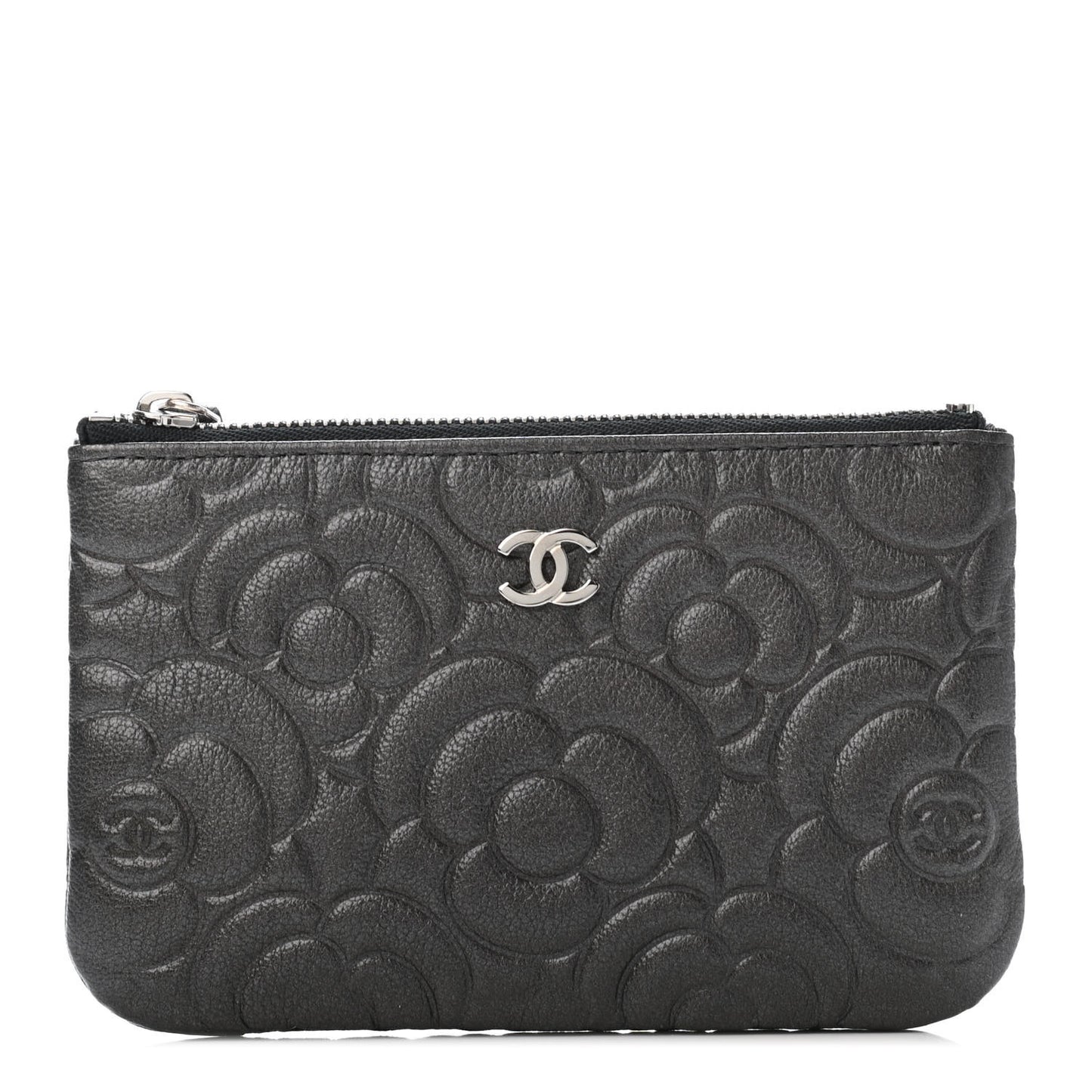 Goatskin Camellia Embossed Cosmetic Pouch Anthracite