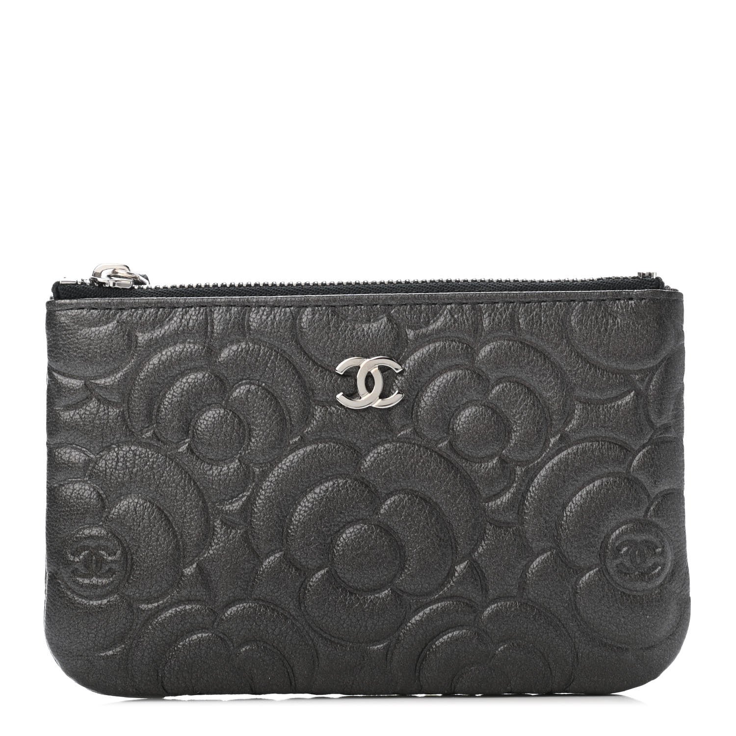 Chanel Goatskin Camellia Embossed Cosmetic Pouch Anthracite 1 of 4