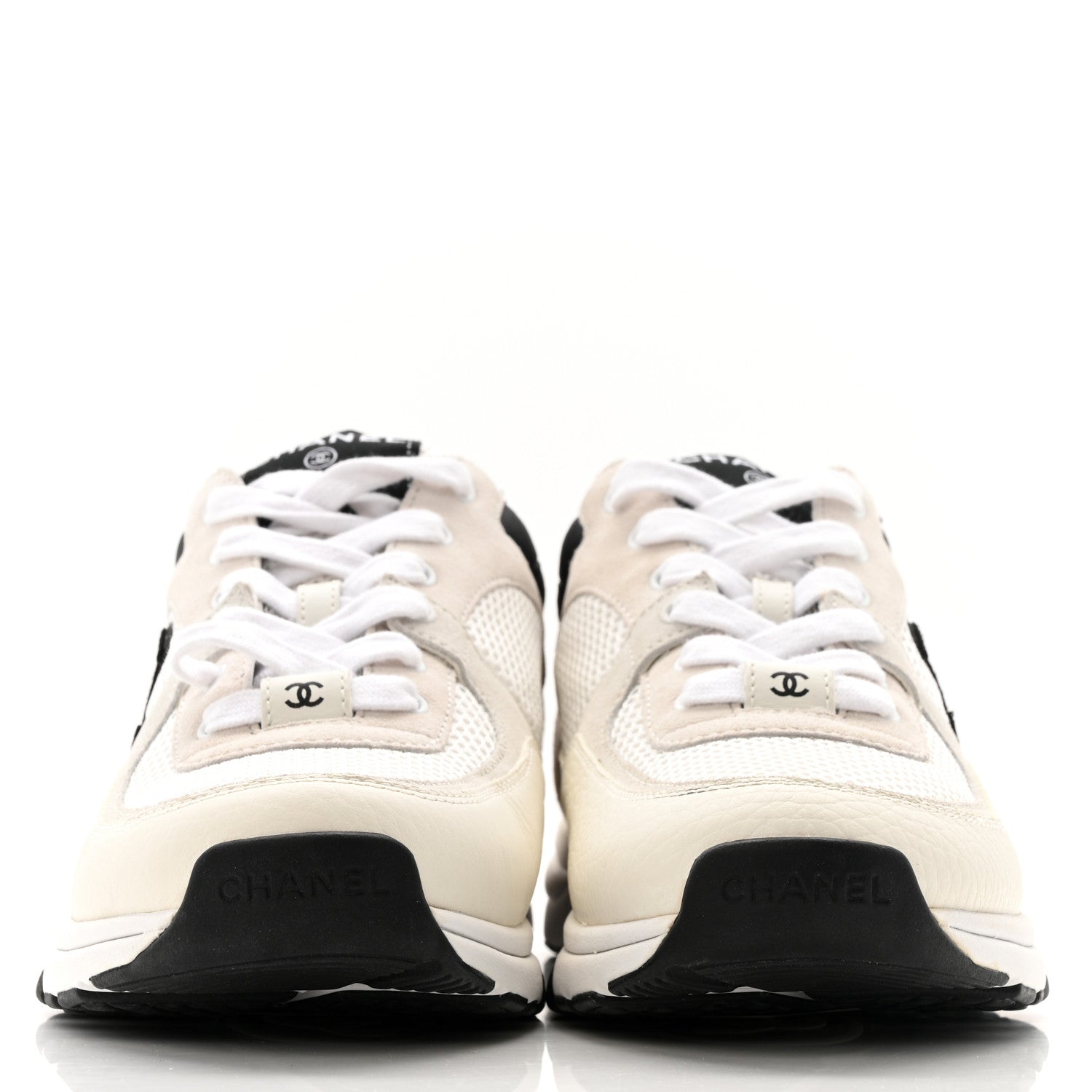 Chanel Mesh Suede Calfskin Grained Calfskin Womens CC Sneakers 39.5 White Black 2 of 13