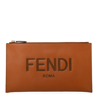 Fendi Vitello King Logo Embossed Medium Flat Pouch Cuoio 1 of 7