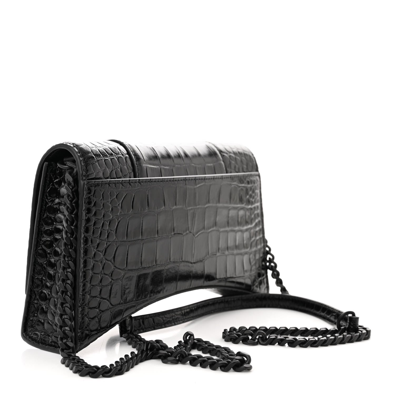 Balenciaga Shiny Calfskin Monochrome Crocodile Embossed Small Hourglass Evening Chain Bag Black 3 of 12