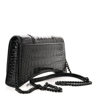 Balenciaga Shiny Calfskin Monochrome Crocodile Embossed Small Hourglass Evening Chain Bag Black 3 of 12