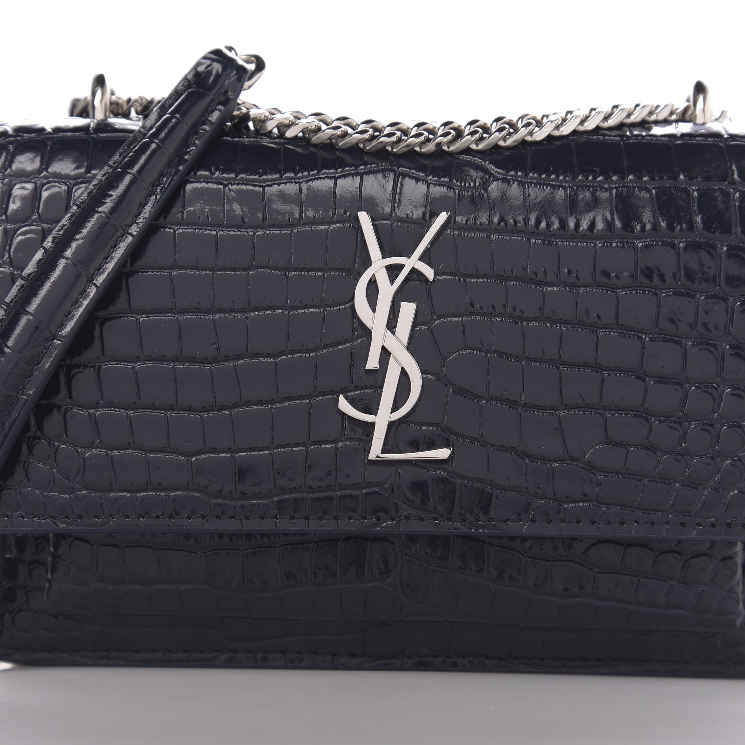 Saint Laurent Calfskin Crocodile Embossed Monogram Sunset Chain Wallet Navy 9 of 9