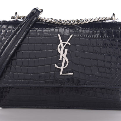 Saint Laurent Calfskin Crocodile Embossed Monogram Sunset Chain Wallet Navy 9 of 9