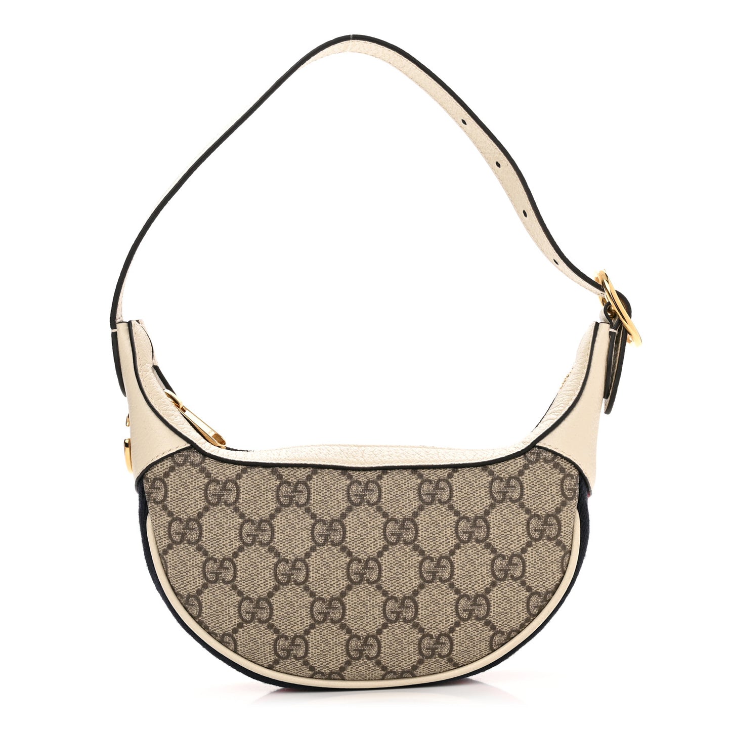 GG Supreme Monogram Textured Dollar Calfskin Web Mini Ophidia Half Moon Hobo Beige Ebony Mystic White