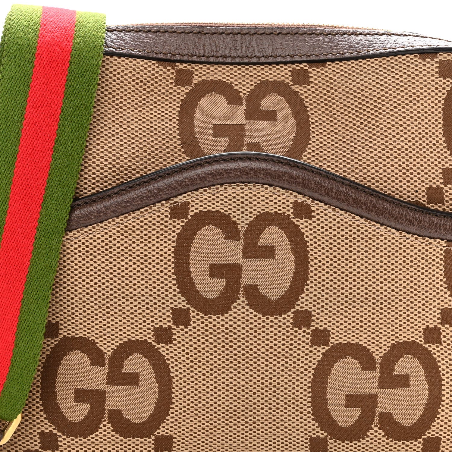 Gucci Monogram Jumbo GG Textured Dollar Calfskin Web Messenger Shoulder Bag Camel Ebony New Acero 7 of 10