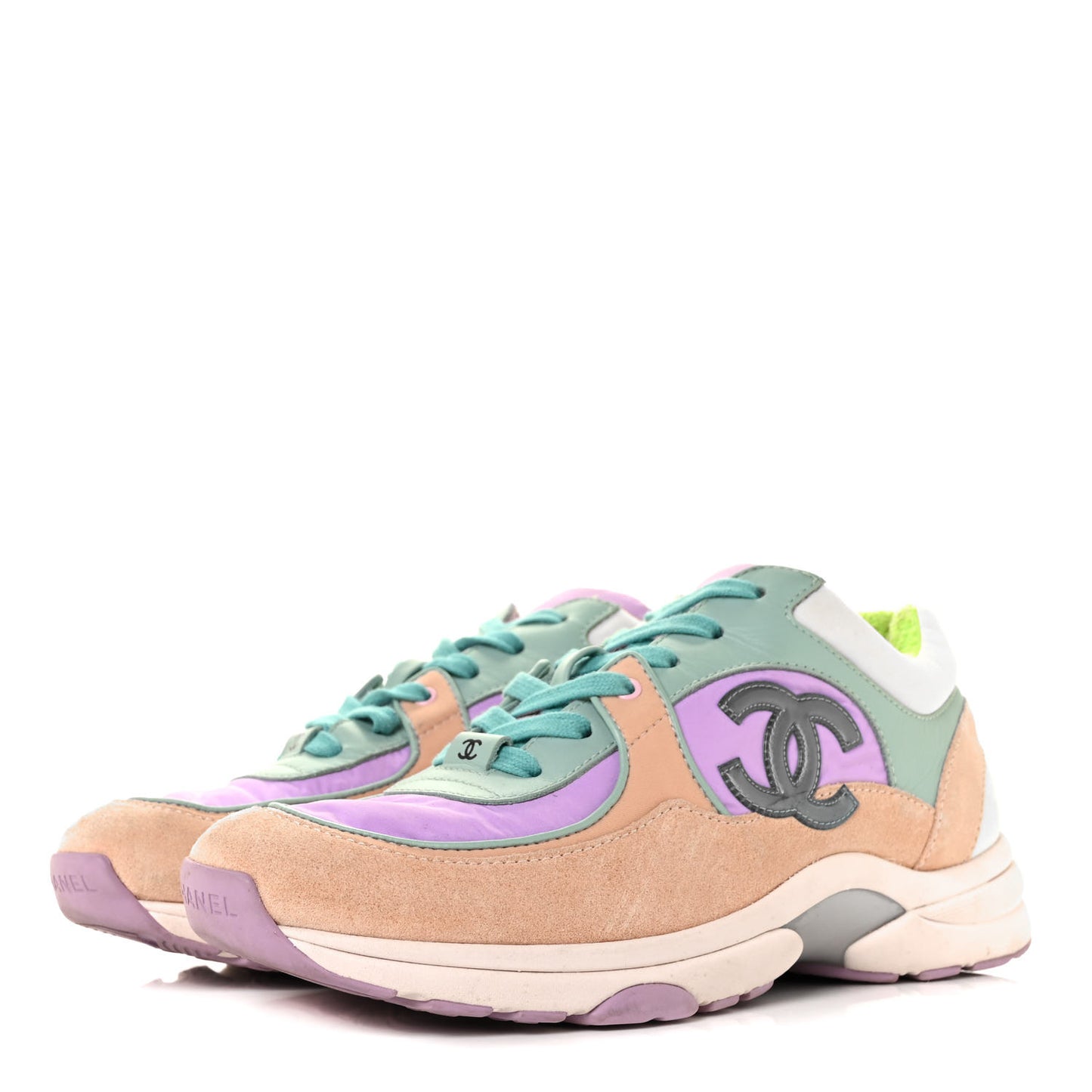 Nylon Lambskin Suede Calfskin CC Sneakers 37.5 Green Purple Pink